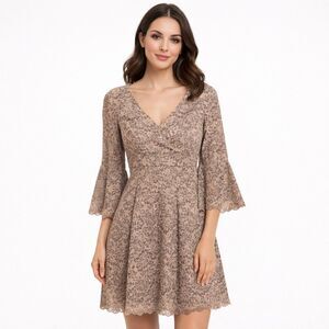 Eliza J Dress Womens 10 Beige Floral Lace Fit & Flare Bell Sleeve Party Wedding